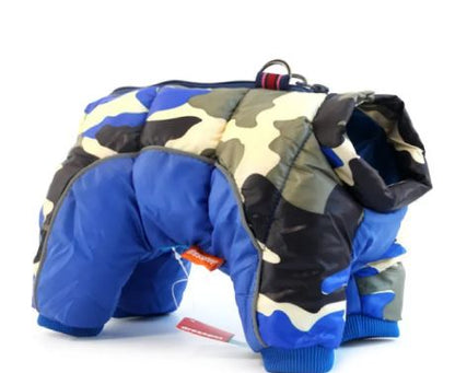 Camouflage and blue dog coat with a visible brand tag on a white background